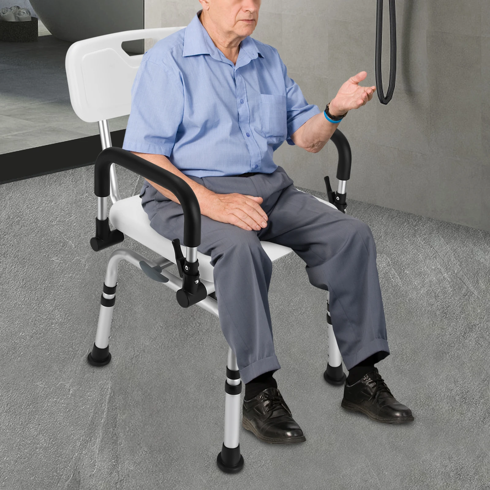 360 ° Drehbarer Duschstuhl mit Armlehnen und Rückenlehne, Kapazität 396,83 lbs, höhenverstellbarer drehbarer Duschhocker für ältere Menschen, Pr – Detail 8
