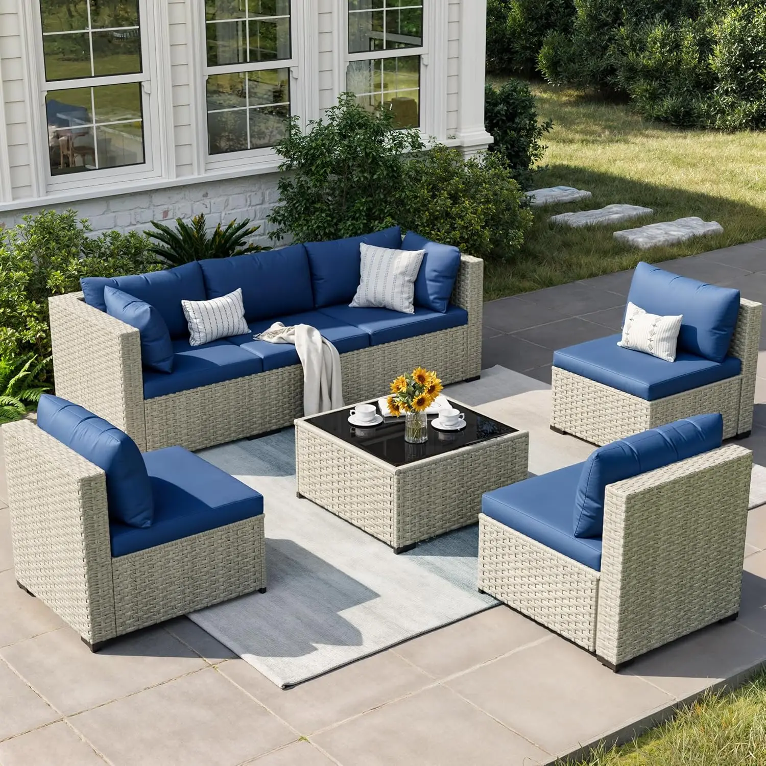*u-Patio Furniture Set, 7-Piece Outdoor Sectional All-Weather Wicker Patio Conversation Set For Backyard (Navy Blue, Customized
