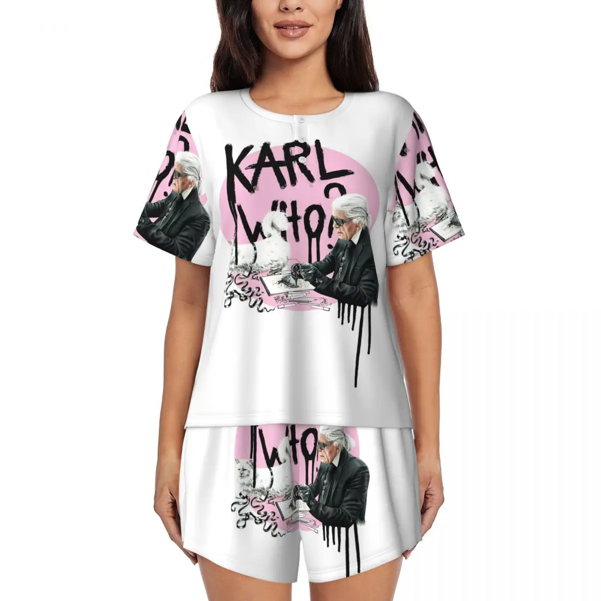 

Karl Who Round Neck Short Sleeves Nightdress for Sleeping Sleepshirts Women Soft Pajama Set Short Pants