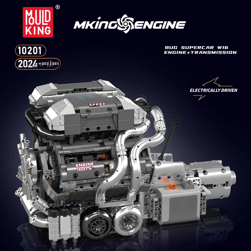 Mould King 10201 Technisches Automotorspielzeug Der motorisierte Supercar W16 Motor + Getriebe Baustein Ziegel Kindergeschenk