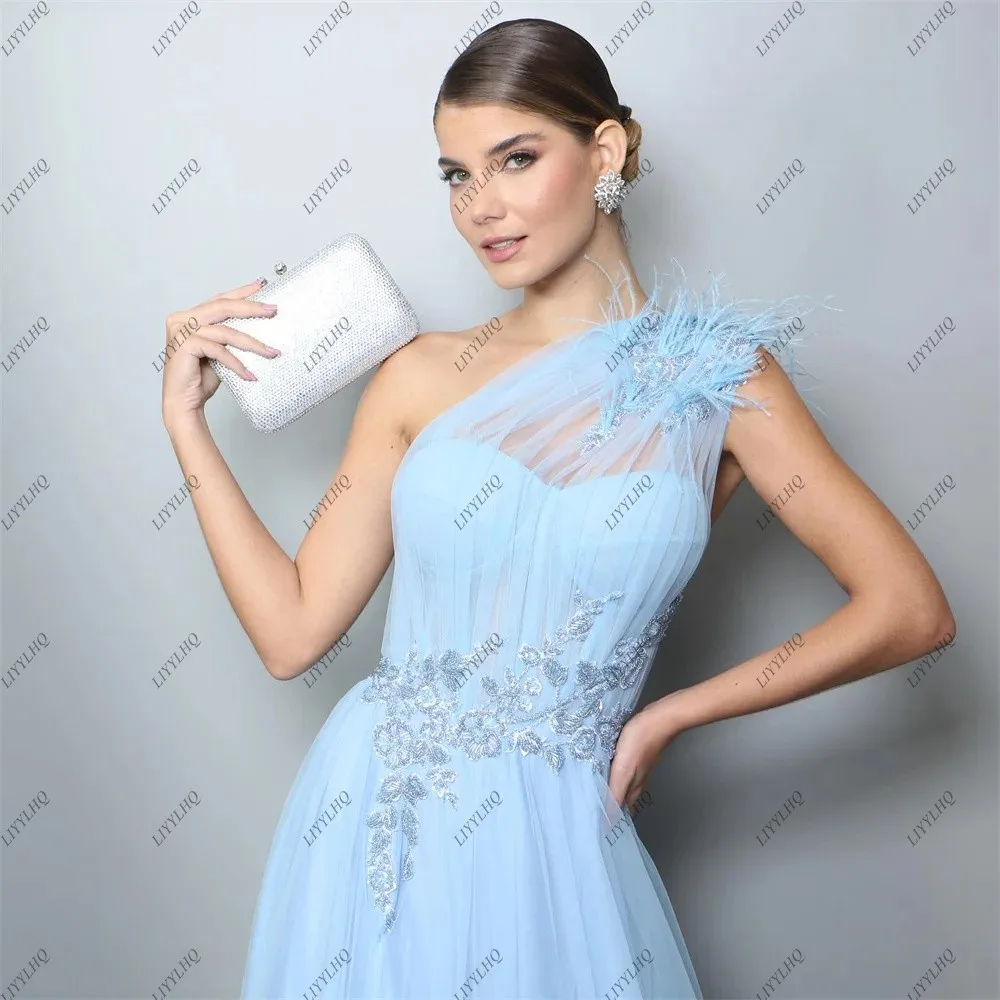 LIYYLHQ Elegant Sweetheart Prom Dress Sky Blue One-Shoulder High Split Evening Dress Long Pleated Tulle Boned vestido Formal Par