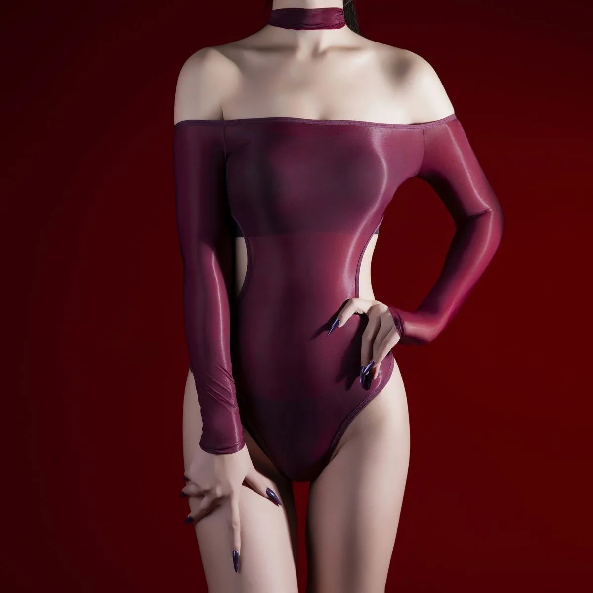 Oil Shiny Elasticity Off Shoulder Hanging Neck Bodysuits for Women Tight Sexy One Piece Jumpsuits High Cut Thin Bottom T-shirt