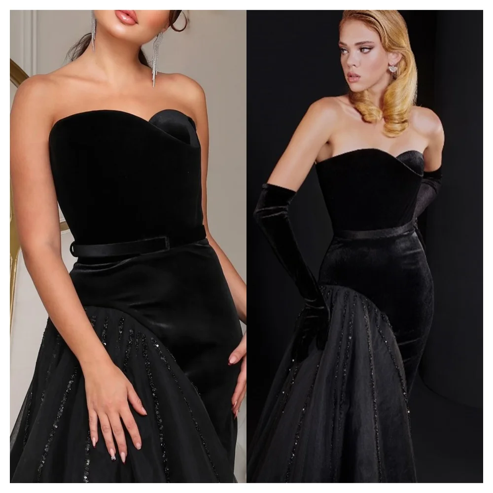 Passen Sie das elegante Abendkleid aus schwarzem Tüll mit trägerlosen Flügelärmeln an