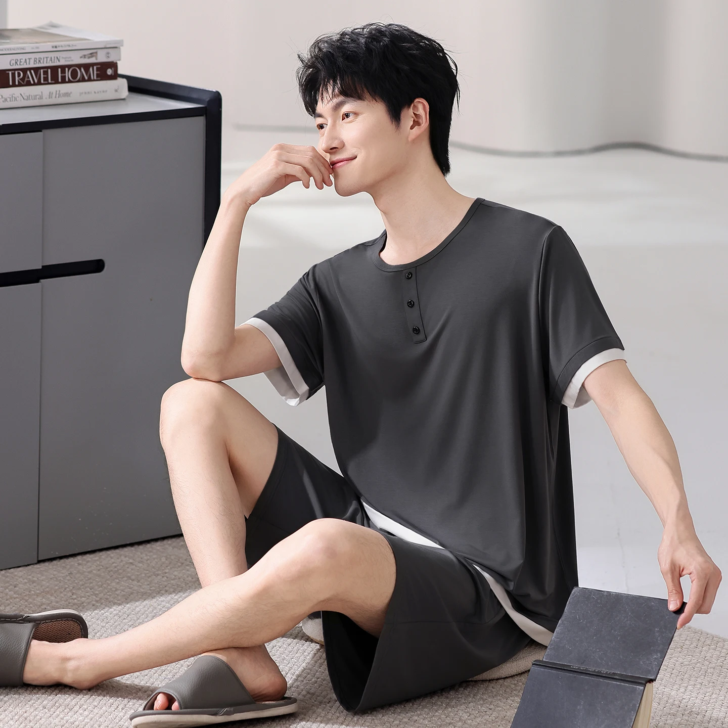 Men Pajamas Soft Modal Round Collar Sleepwear Mens Summer Home Clothes Big Yards L-4XL High Quality Young Male Homewear Sets