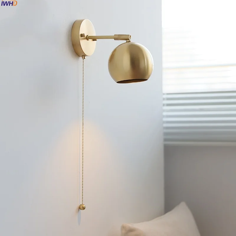 IWHD Copper Lampshade LED Wall Light Fixtures Bedroom Balcony Porch Pull Chain Switch Nordic Modern Up Down Rotate Bedside Lamp