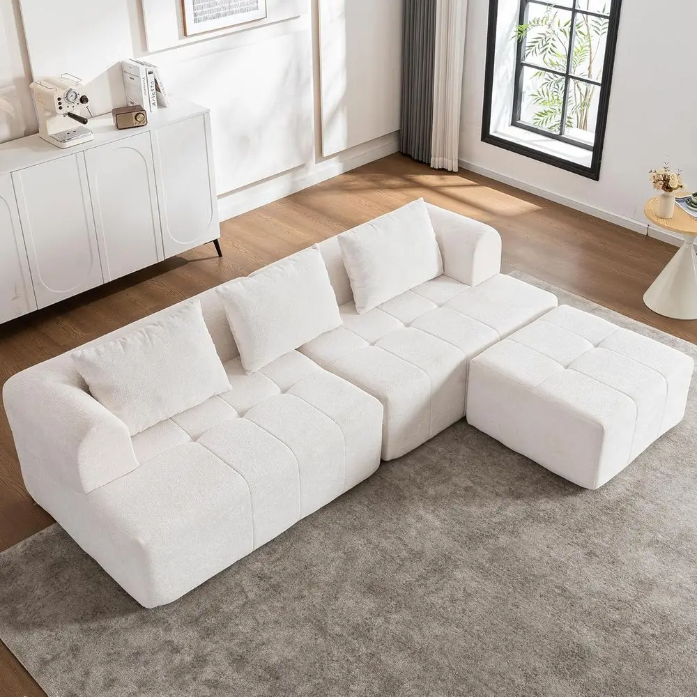 Divano componibile a L avorio 95 con posti a sedere profonde e pouf, tessuto ciniglia, mobili da soggiorno pronti da usare