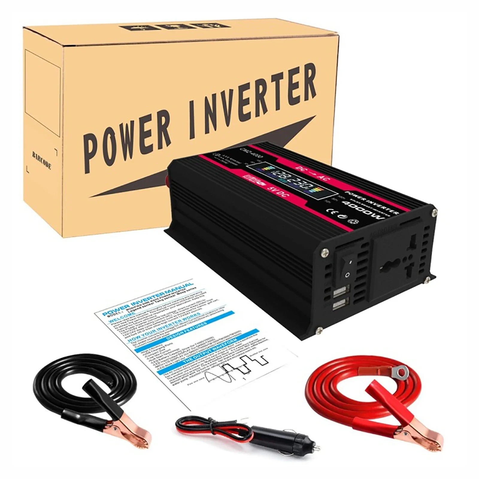 

4000W Solar Power Inverter 12V Dual USB Modified Sine Wave Voltage Transformer Car Adapter Fast Charge Converter LCD Display