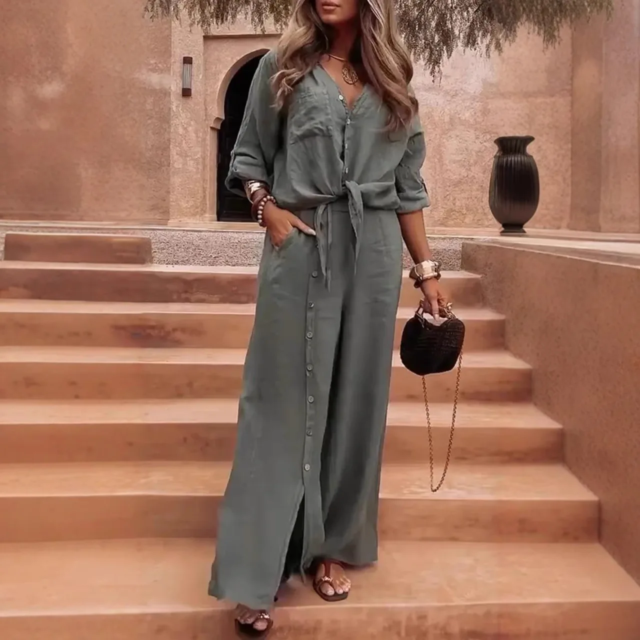 2025 Women's Spring Casual V-neck Irregular Top Wide Leg Button Design Pants Two Piece Set