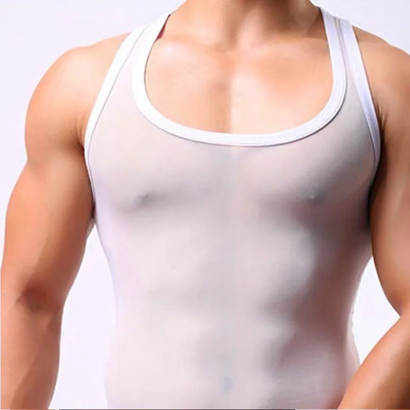 Korean Style New Fashion Tops Men's Lace Sheer Solid Color Clothes 2023 Summer Personality Sexy Tank Tops