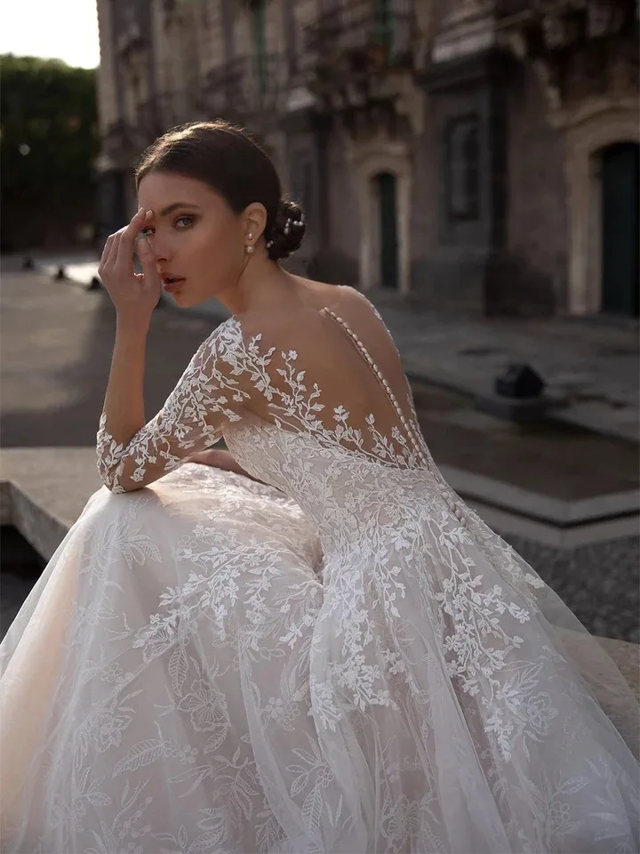 Robe de mariée à manches longues pour femmes, Illusion de cou et dos, 3/4, WW8290, 2022