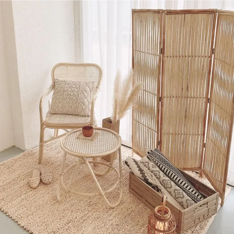

Ins Japanese Rattan Living Room Chair Hotel BB Relaxing Chair Balcony Back Rattan Dining Chair for Home Decor