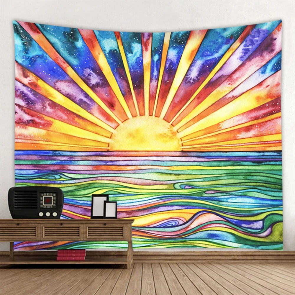 Ocean Sunrise Tapestry Retro Oil Painting Wall Hanging Rainbow Aesthetics Room Decoration Home Wall Art Decoration Blanket
