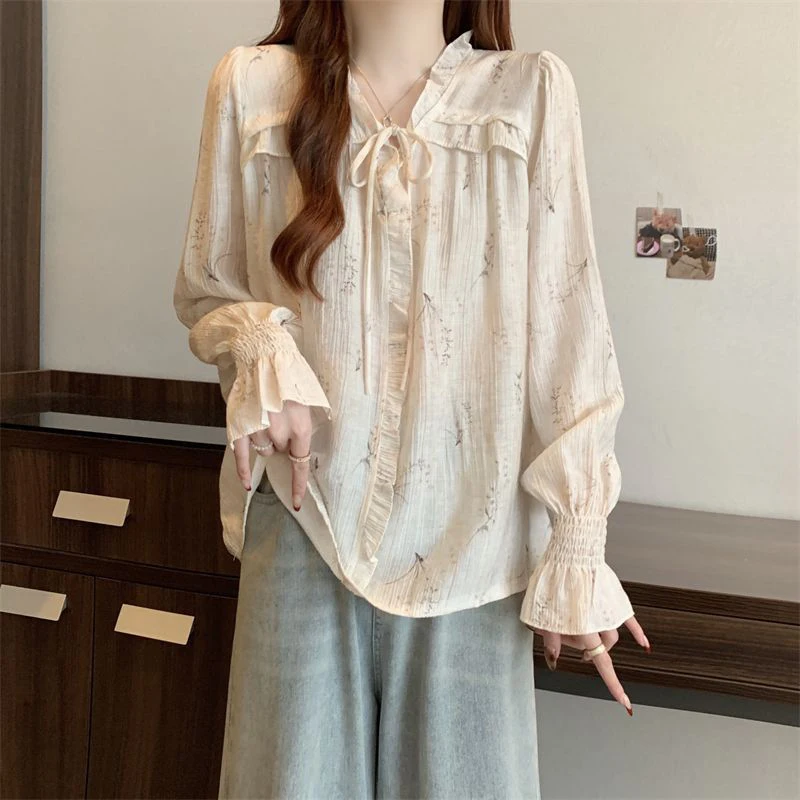

Fashion Floral Women Shirt Autumn French Loose V Neck Long Sleeve Blouse Simple Lace Up Casual Chic Elegant All Match Female Top