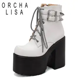 ORCHA LISA Boots femmine punta quadrata tacco alto 14cm Platform Hill 7.5cm cerniera fibbia in pizzo stivaletto verde