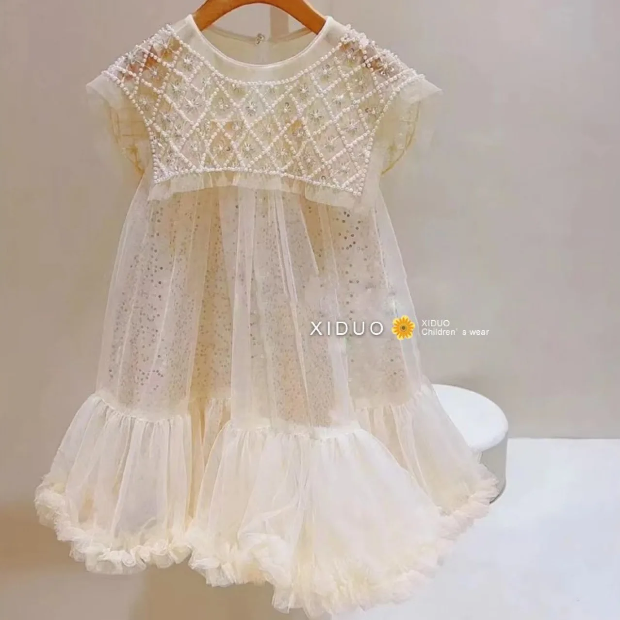 

Girls' Princess Dress 2023 Spring Summer Children's Wear Korean Pearl Neck Princess Dress Fashion Yarn Dress Dress