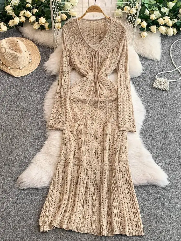 

Богемное сексуальное полое трикотажное платье женское на шнуровке сексуальное облегающее платье с v-образным вырезом весна-осень элегантное платье «рыбий хвост» халат Vestidos