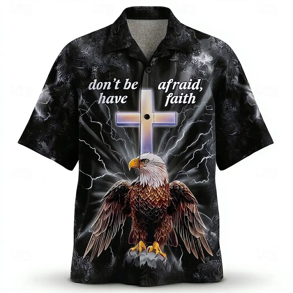 Men's Collar Short Sleeve Shirt Lightning Eagle Cross 3D Print Button Up Retro Streetwear Blue Purple Black Spring Summer