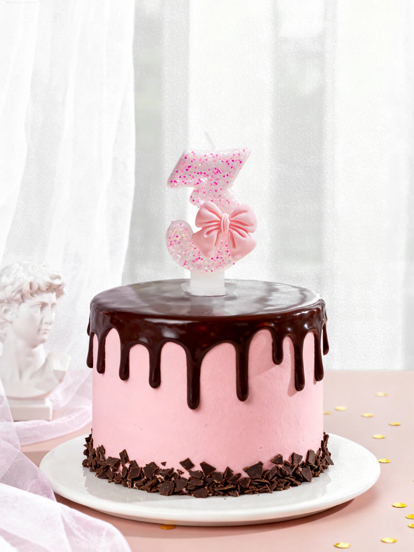 1PC, Pink 0-9 Creative Number Candles, Girlish Pink Ribbon Birthday Cake Candle Party Decoration Plug-In, Suitable for Birthday