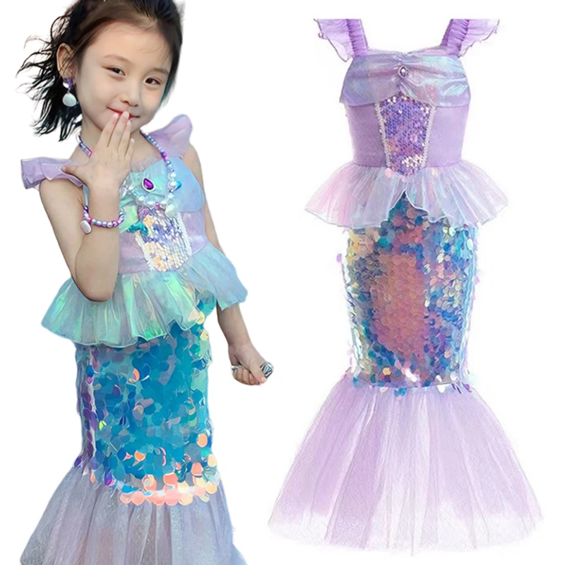 

European American Summer Anime Kawaii Children's Mermaid Princess Dress Mesh Sequin Slim Hip Sling Skirt Party Cos Clothing Gift