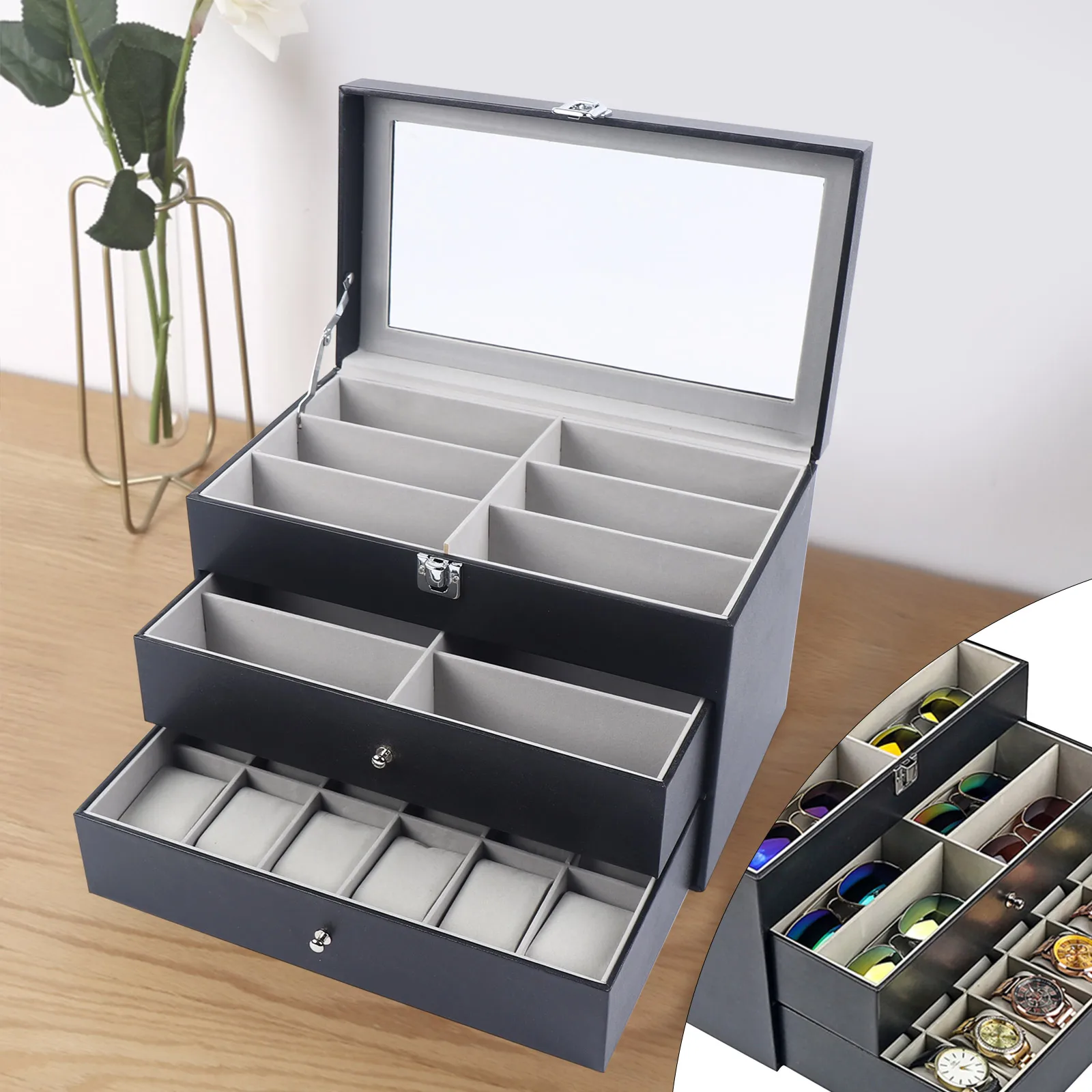 

Black Leather Watch And 12 Eyeglasses&Sunglasses Box With Jewelry Display Drawer Metal Buckle Case Organizer