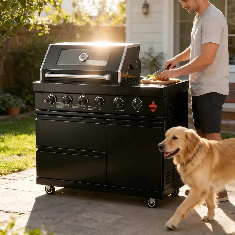 304 stainless steel four-port grill with one-side oven, powder coated surface treatment