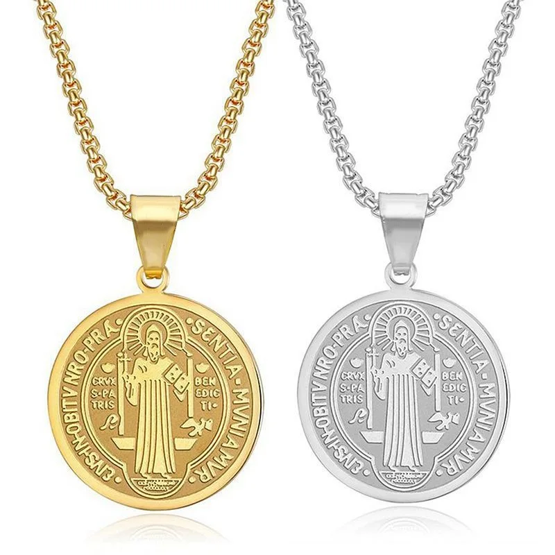 YQ Stainless Steel Catholic Religious Medal Saint Benedict Pendant Necklace For Men Women Waterproof Jewelry Accessories Gift