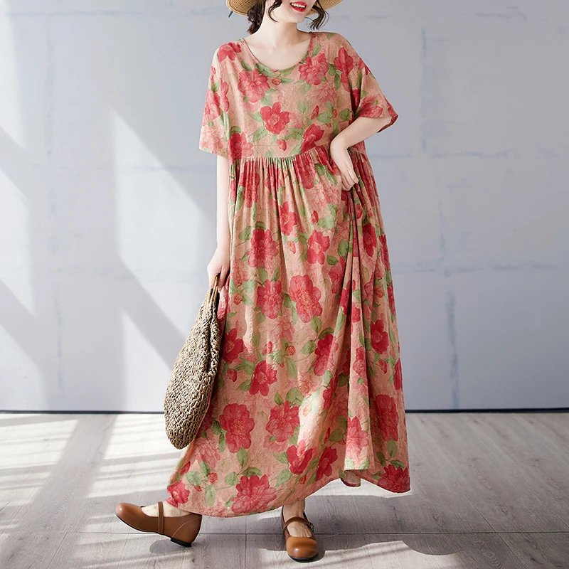 2025, katoenen en linnen jurk dames zomer casual losse retro maxi-jurk met korte mouwen en bloemenprint