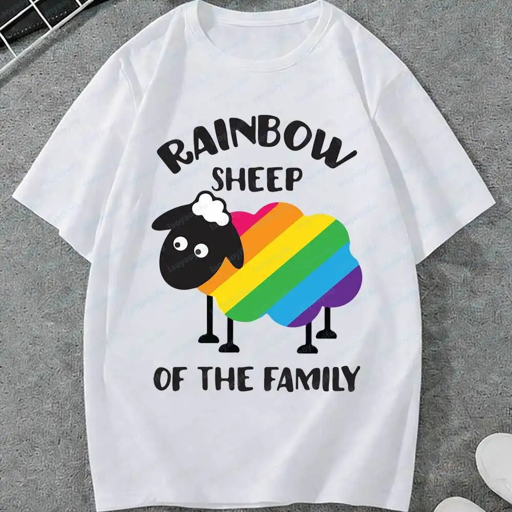 LGBT Rainbow Sheep of The Family T-Shirt Cute Pride Cartoon Cotton Casual Short Sleeve for Men Women LGBTQ+ Support Graphic Top