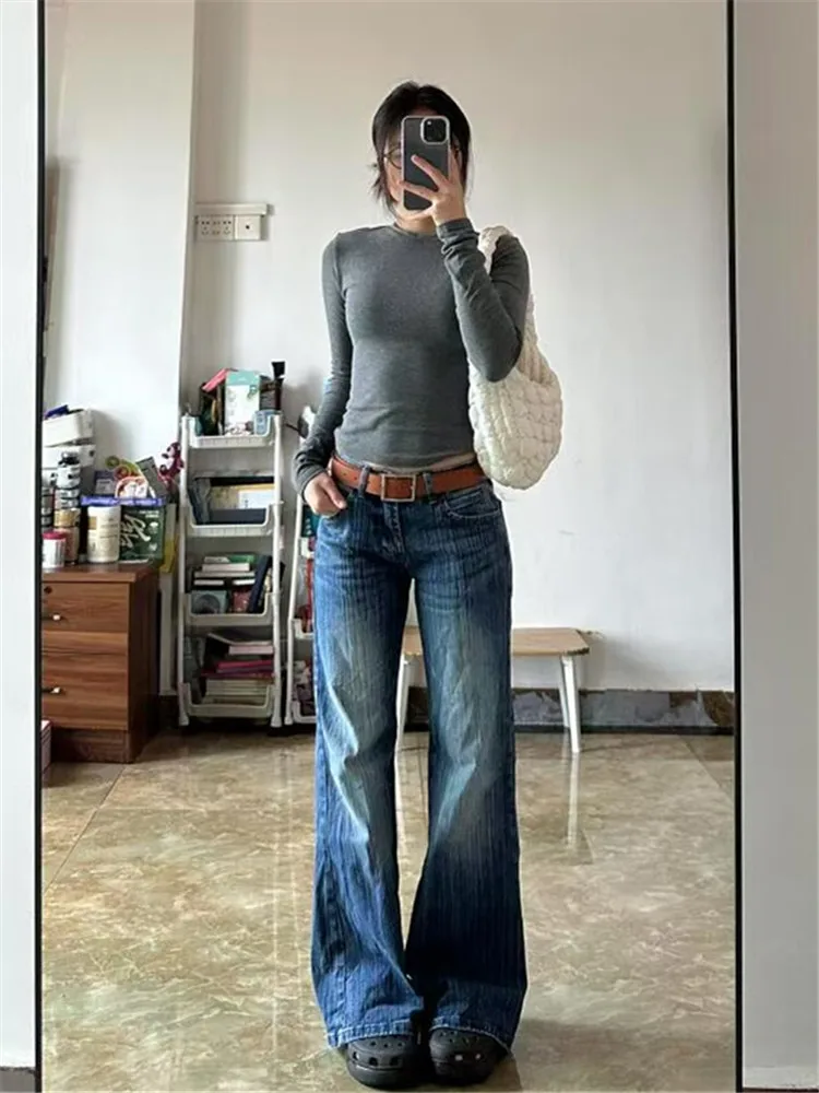 

American Style Retro Blue Low Waist Flared Jeans Women's Spring Loose Drapey Tall Extended Length Pants Wide Leg Jeans