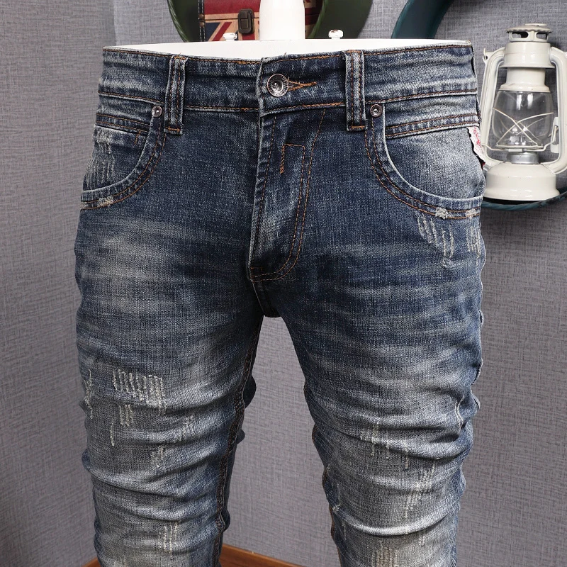 Italian Style Fashion Men Jeans Retro Blue Stretch Slim Fit Ripped Jeans Men Trousers Vintage Designer Casual Denim Pants Hombre