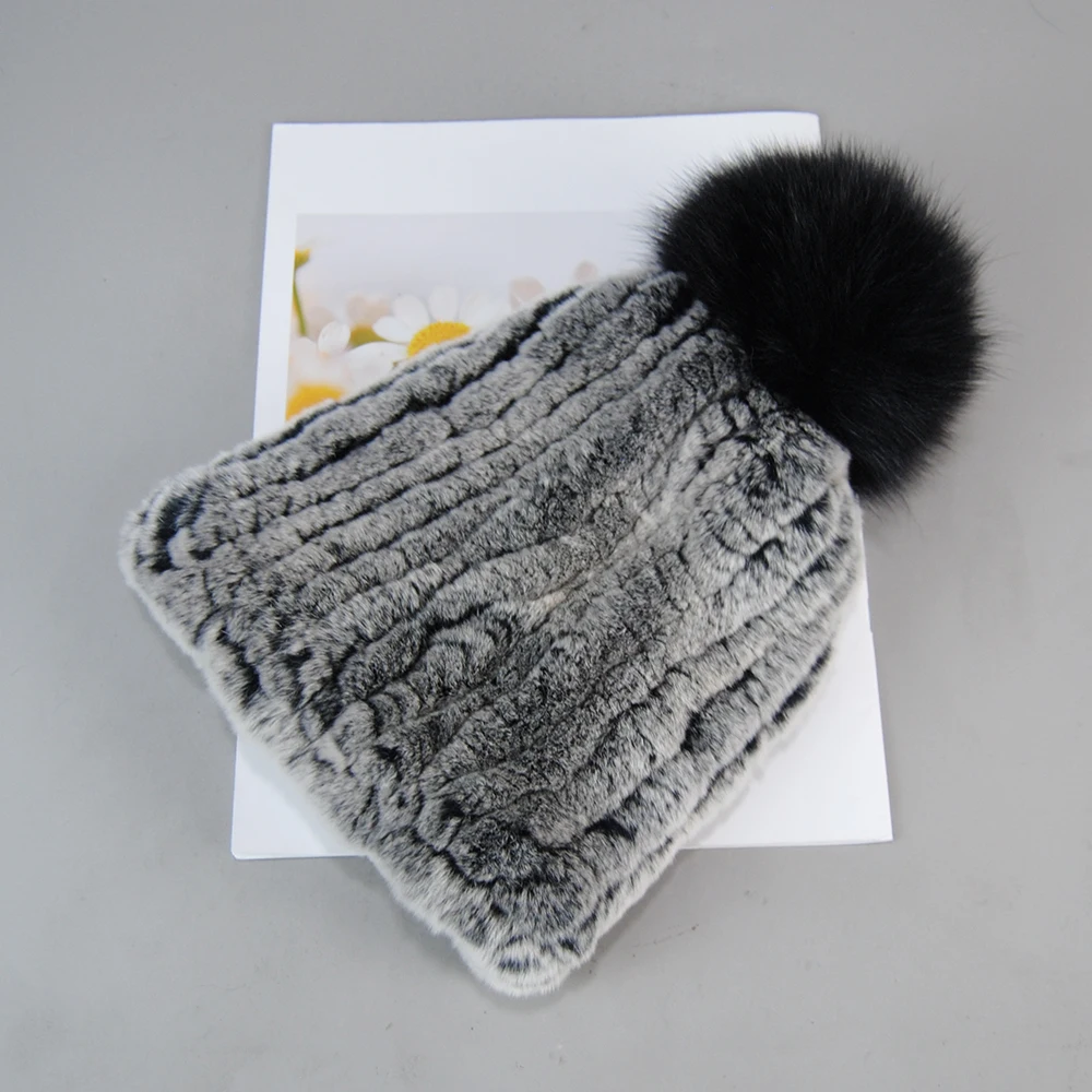 2024 Knitted Rex Rabbit Fur Beanies Hats Women Real Rex Rabbit Fur Hat Quality 100% Real Genuine Rex Rabbit Fur Fox Fur Ball Cap