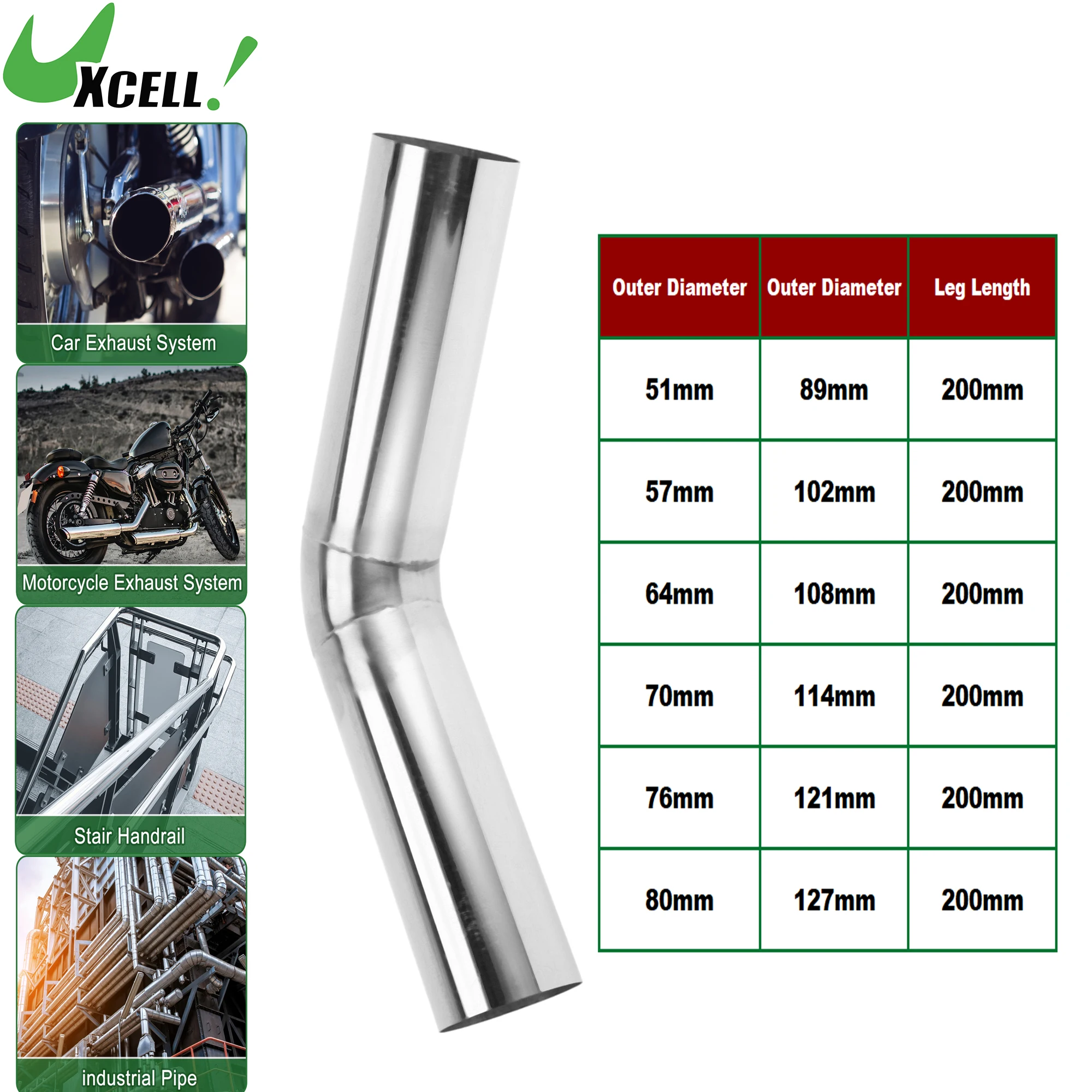 

UXCELL 45 Degree 200mm Long 51mm-127mm OD Mandrel Exhaust Pipe DIY Custom Car Modified Exhaust Tubing 304 Stainless Steel
