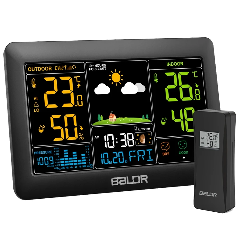 BALDR Wireless LCD Weather Station Home Thermometer Hygrometer Auto Alarm Clock Moon Phase Air Pressure Remote Forecast Sensor