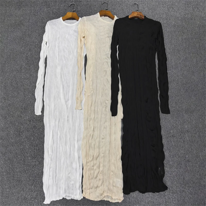 women's dress New elastic knitted slim fit long dress for summer 2026 Half perspective pleated casual dress y2k vacation dress