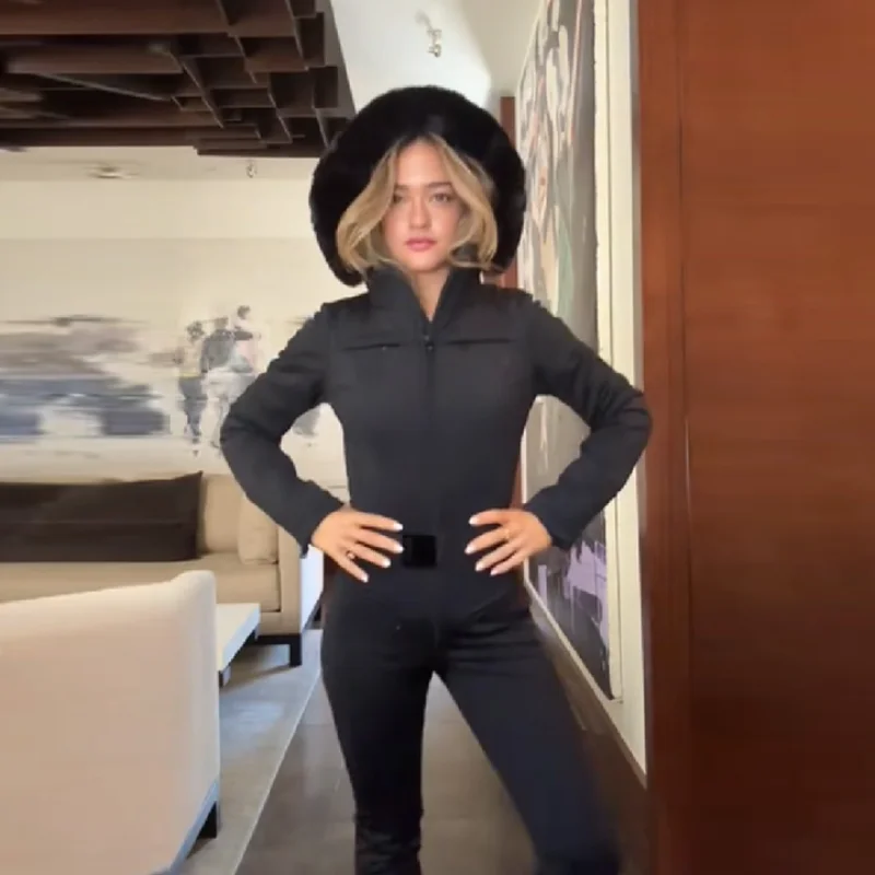 

Elegant Chic Snow Bodysuit Hooded Belted Jumpsuit Cozy Women Outfits Female Refined Outdoor Stylish Designers Ladies Wear