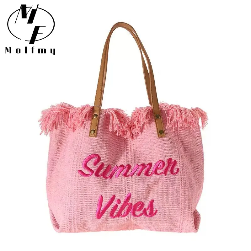 Bolso de mano con borlas y letras bordadas para mujer, bandolera de gran capacidad con diseño sencillo de nicho, ideal para viaje y playa, a la