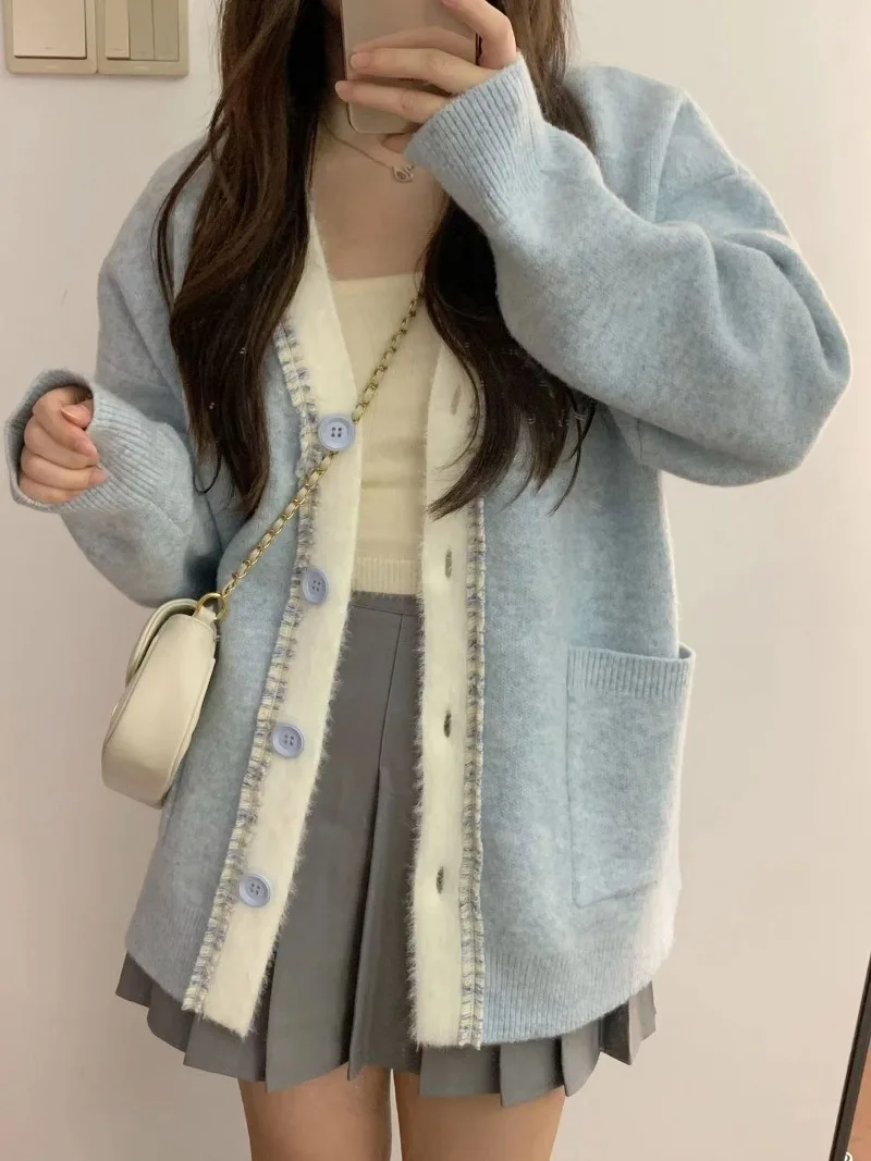 2023 Autumn Korean New High Quality Knitted Coat Casual Solid Loose Cardigan Sweaters Female Fashion Long Sleeve British Style