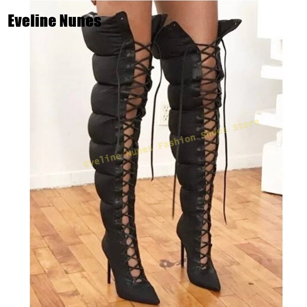 Botas Largas sexis con cordones cruzados, novedad de invierno de 2025, botas por encima de la rodilla con punta puntiaguda y corte de aguja con cordones, estilo callejero