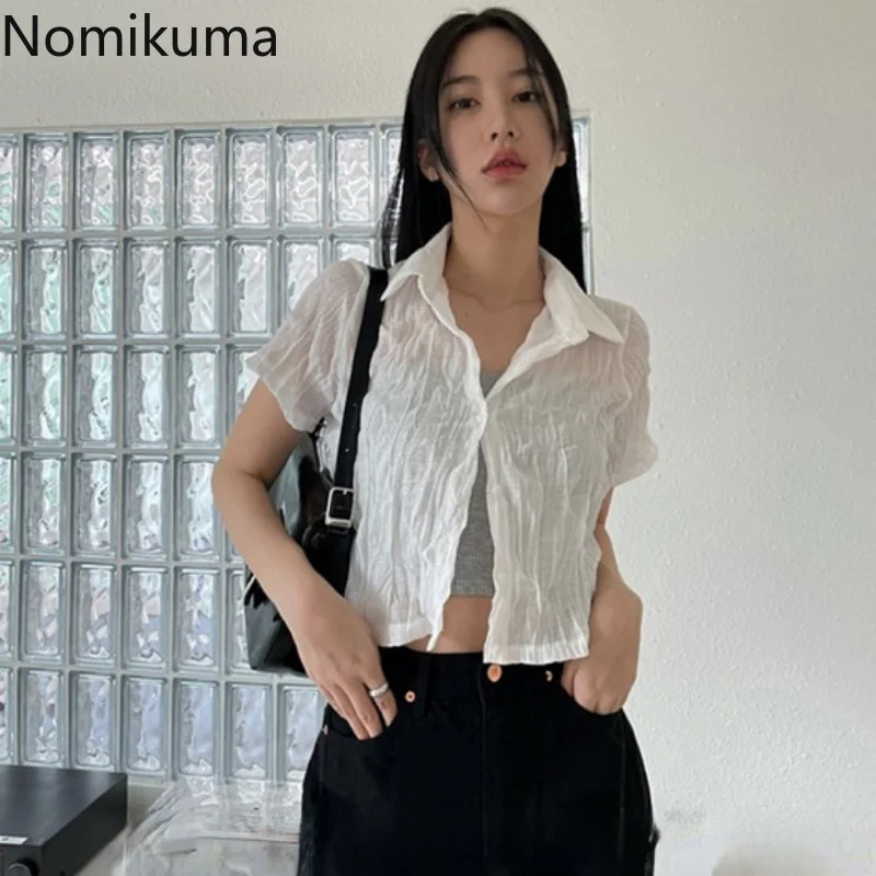 Nomikuma Crop Top Summer Turn Down Collar Pleated Hollow Out T Shirt for Women Vintage Harajuku Fashion Sexy Y2k Streetwear