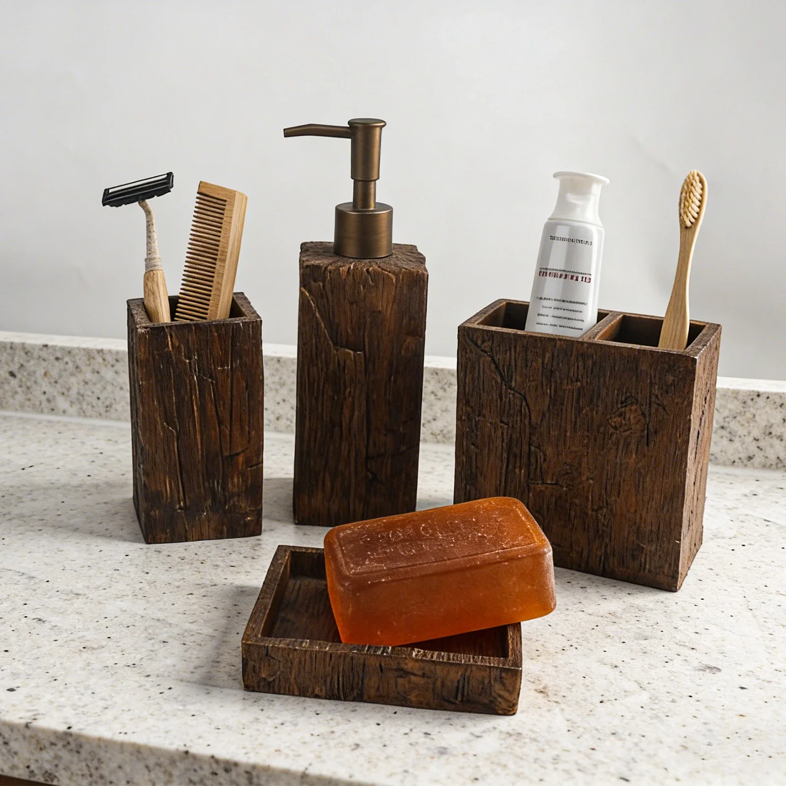 Ensemble d'accessoires de salle de bain, ensemble de 4 accessoires de décoration de salle de bain avec distributeur de lotion texturé, porte-brosse à dents, gobelet de salle de bain, porte-savon pour accessoires de comptoir de salle de bain