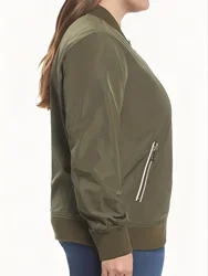 Plus Size Casual Jacket, Women's Plus Solid Long Sleeve Zipper V Neck Bomber Jacket With Zipper Pockets