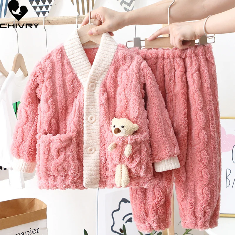 New 2023 Autumn Winter Kids Thicken Warm Flannel Pajamas Baby Boys Girls Cartoon Bear Casual Sleepwear Clothing Sets Pyjamas