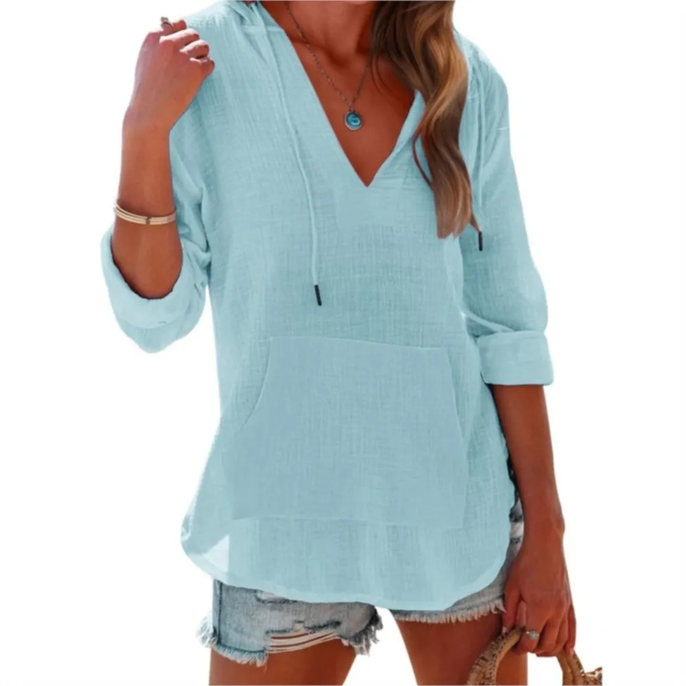 

Лето 2022, новая блузка цвета дофамина, толстовка с капюшоном, пляжная спортивная толстовка с длинным рукавом и v-образным вырезом, карманом и шнурком, женская модная рубашка, топ