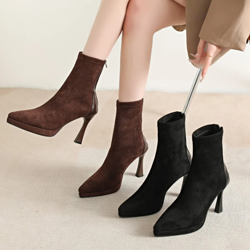 Botines de mujer con punta estrecha y empalme a la moda para club nocturno, tacones altos gruesos sexis, zapatos de mujer para fiesta de boda, Otoño Invierno