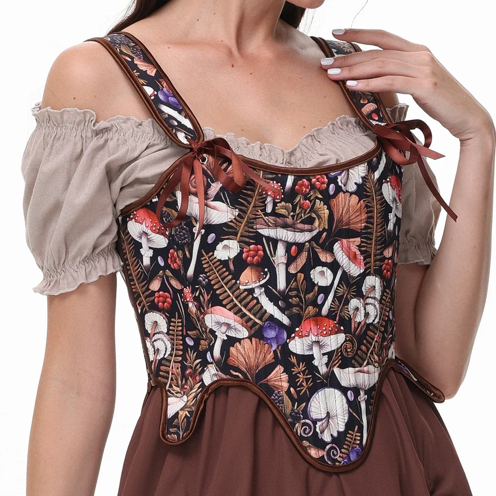 

Overbust Brown Print Sexy Corset Tops with Shoulder Straps Gothic Bustier Vintage Corsets Woman Medieval Steampunk Clothes