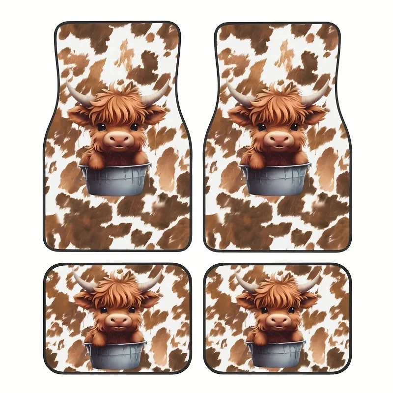 

4pcs Car Non-Slip Floor Mats with Cute Highland Cow Pattern for Vehicle Interior Accessories Durable Mats