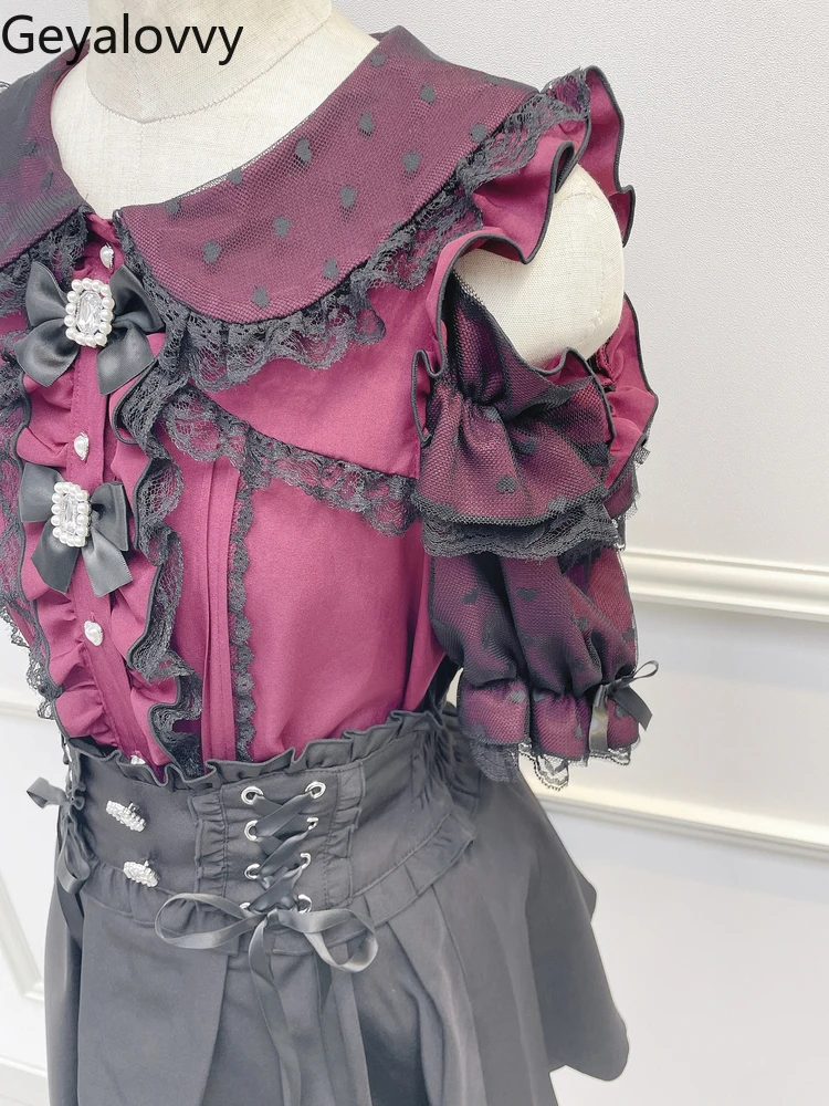 แขนสั้นใหม่สาวหวานอเนกประสงค์ TOP Japanese Mine Series Mass-ผลิตลูกไม้ Splicing Off-ไหล่ตุ๊กตาคอเสื้อ