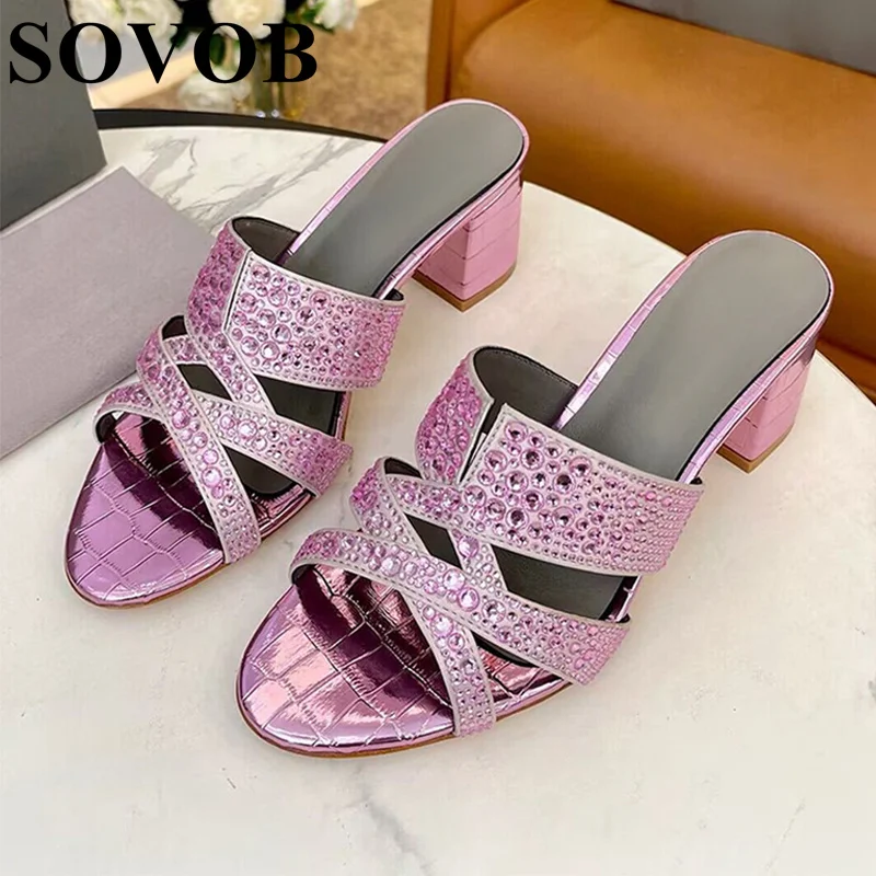 Women's Solid Color Shining Water Diamond Decorative Square Heel Slippers Summer Round Toe Roman Sandals Versatile Single Shoes