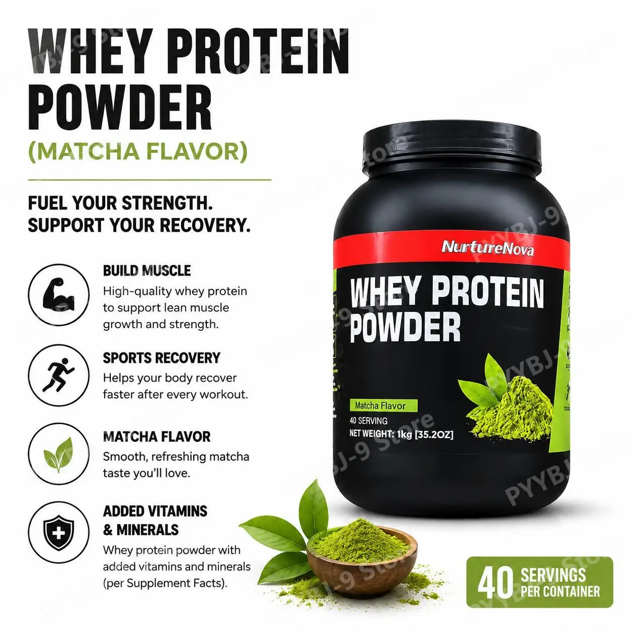 NurtureNova Whey Protein Powder Matcha Flavor Nutrition for Muscle Building Sports Recovery and Fitness Training 1KG 40 Servings