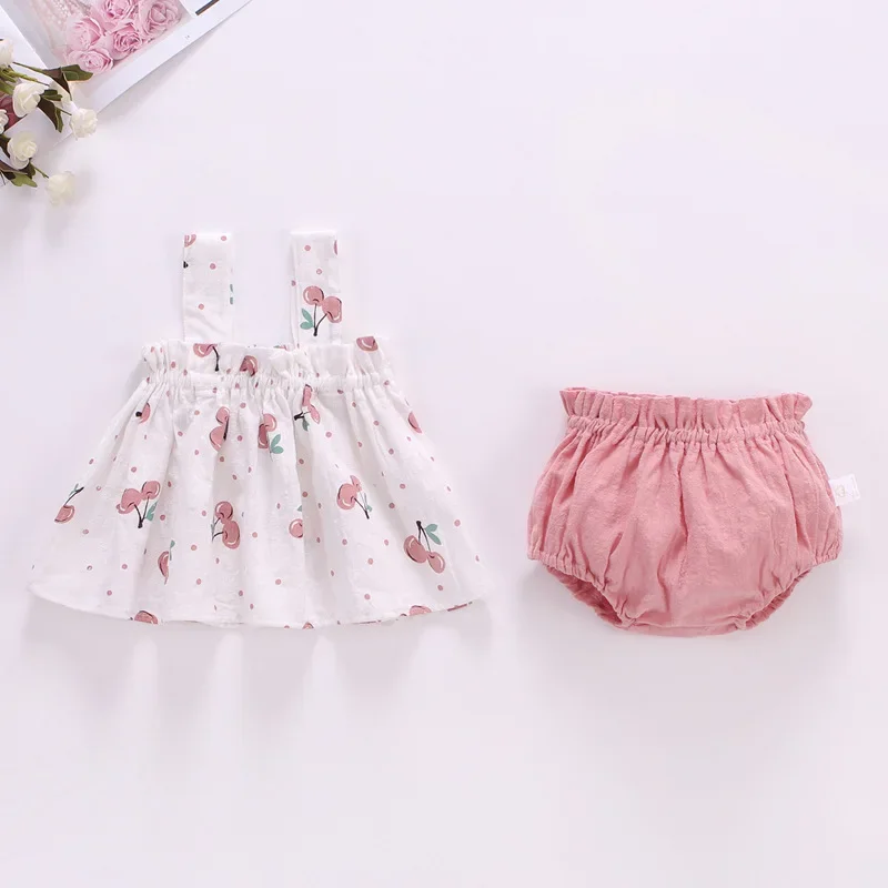 Baby Summer Dress Suit Baby Girl Clothes 0-2 Years Infant Toddler Cherry Sling Dress Bread Pants Two-piece Clothing Set KF1138